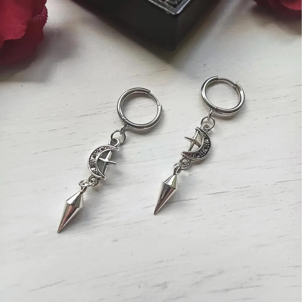Pointy Cone earrings, Gothic jewelry, punk accessories, Cross, Moon, Retro, Korean, Hippie, Alternative, ear hooks For Women Man