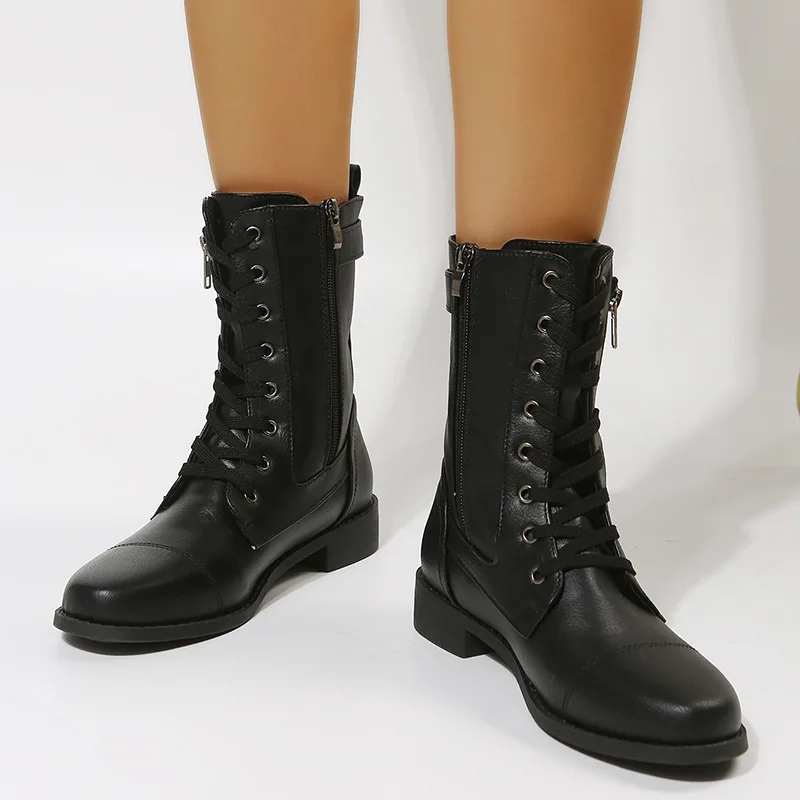 Women's Side Zipper Square Heel Short Boots Retro Slip on Plus Size Mid Calf Riding Leather Knight Boots Botas De Mujer