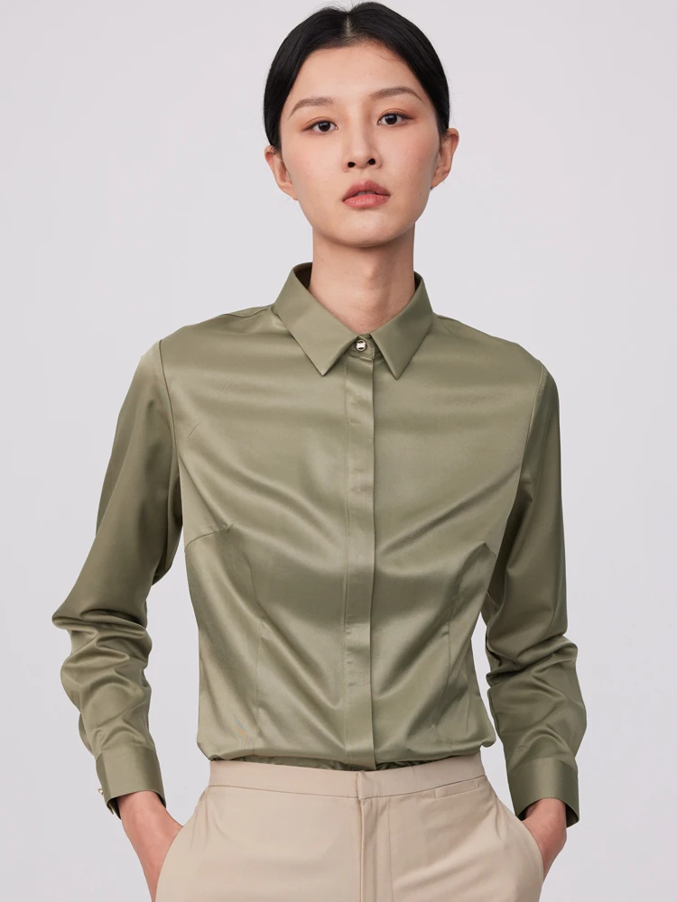 Women\'s Office Lady Non-iron Silk Touch Long Sleeve Shirt Without Pocket Hidden Buttons Placket Slim-fit Versatile Female Shirts