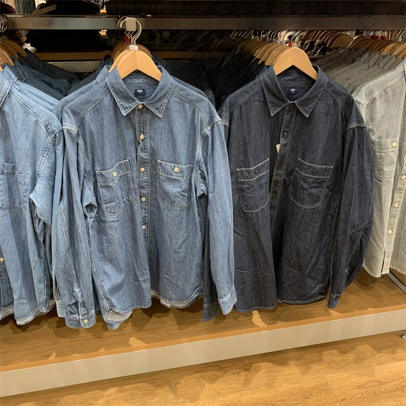 Waed Denim Casual Long Sve irt Loose Fit Autumn Men's Workwear Couple's Sle Breathable Comfortable Youth Trend