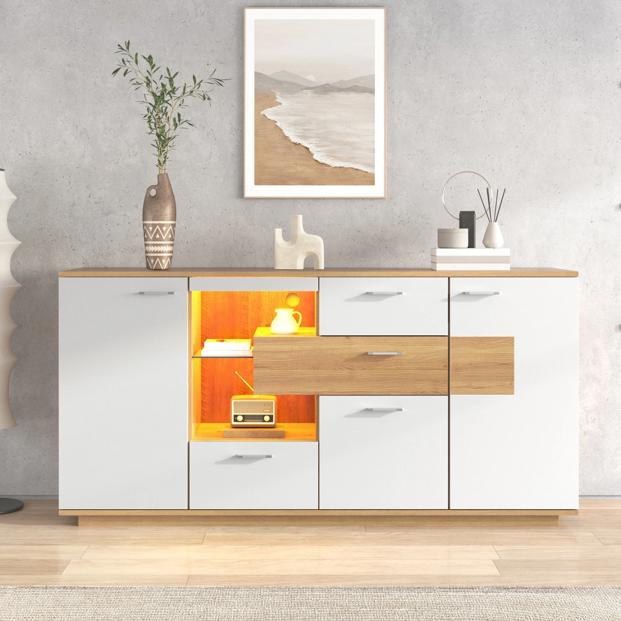 Buffet salon avec portes et tiroirs - étagère en verre et LED intégrée - 160x40x77 cm - couleur naturelle et blanc