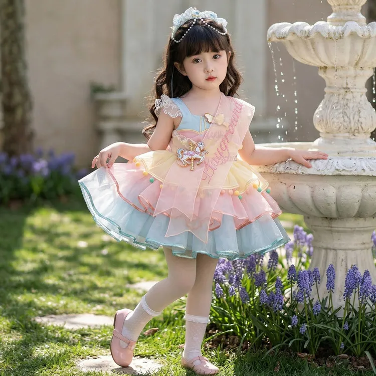 

Princess Style Summer Dress for Girls Fairy Tale Chic Tulle Strap Dress Knee Length Tie Design Lightweight Cotton L...