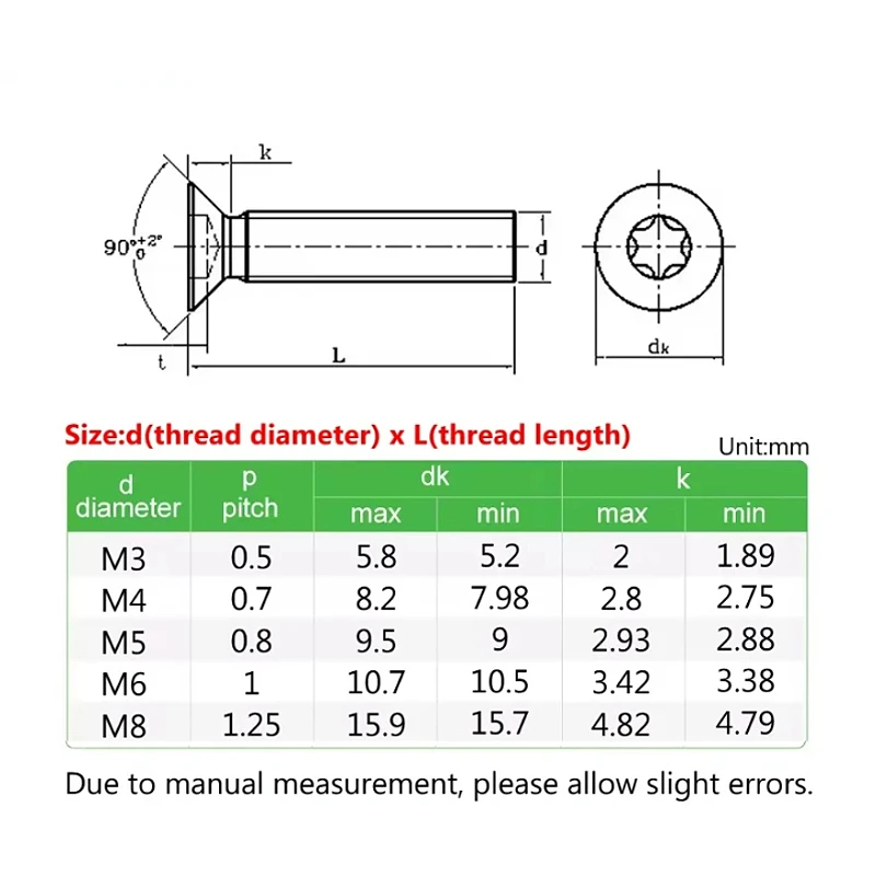 Grade 8.8 Blue Zinc Plated M3 M4 M5 M6 M8 Carbon Steel Six-Lobe Torx Flat Countersunk Head Screws Bolts Length 5mm~50mm GB2673