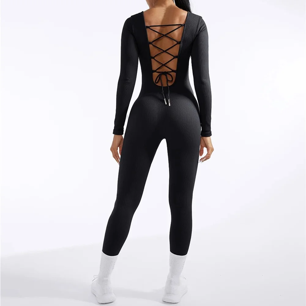 New Bandage Women One Piece Jumpsuit Long Sleeve Tops Sportwear Gym Legging Cycling Body Building Bodysuit Female Activewear