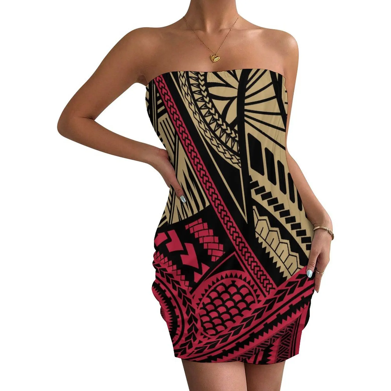 Hawaii-Kleid: Polynesian Tribal Sexy Kleid, Urlaubskleidung, Strandkleid, bedrucktes Chiffonkleid, hawaiianisches schlankes individuelles Muster