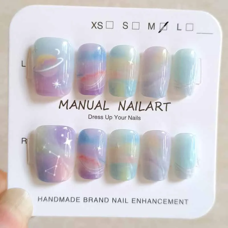 10Pcs Star Universe Fantasy Purple Blue Gradient Cat Eyes Press On Nails Handmade Manicure False Nail Fake Nail Tips Nail Art