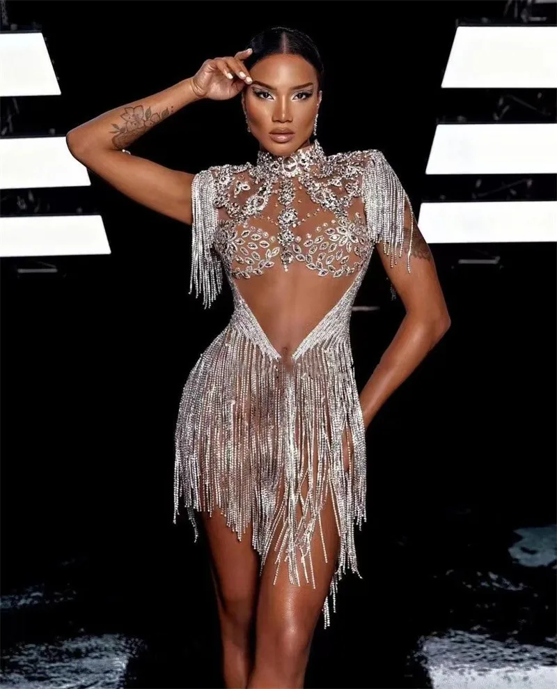 Sexy Bar Nightclub Stage Rhinestones Tassel Mesh Dress Lady Birthday Evening Party Celebrity Fringe Bodycon Dress Singer Costume