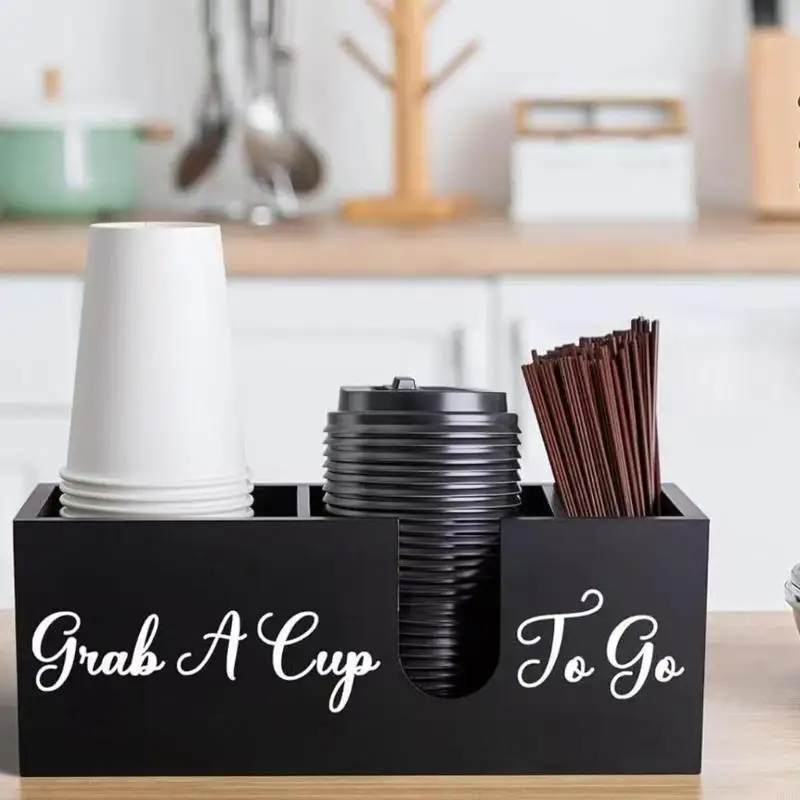 

Деревянный органайзер для кофейных чашек с 3 отделениями для крышек чашек, соломинки и K-мешалка, держатель для мешалки для кофе