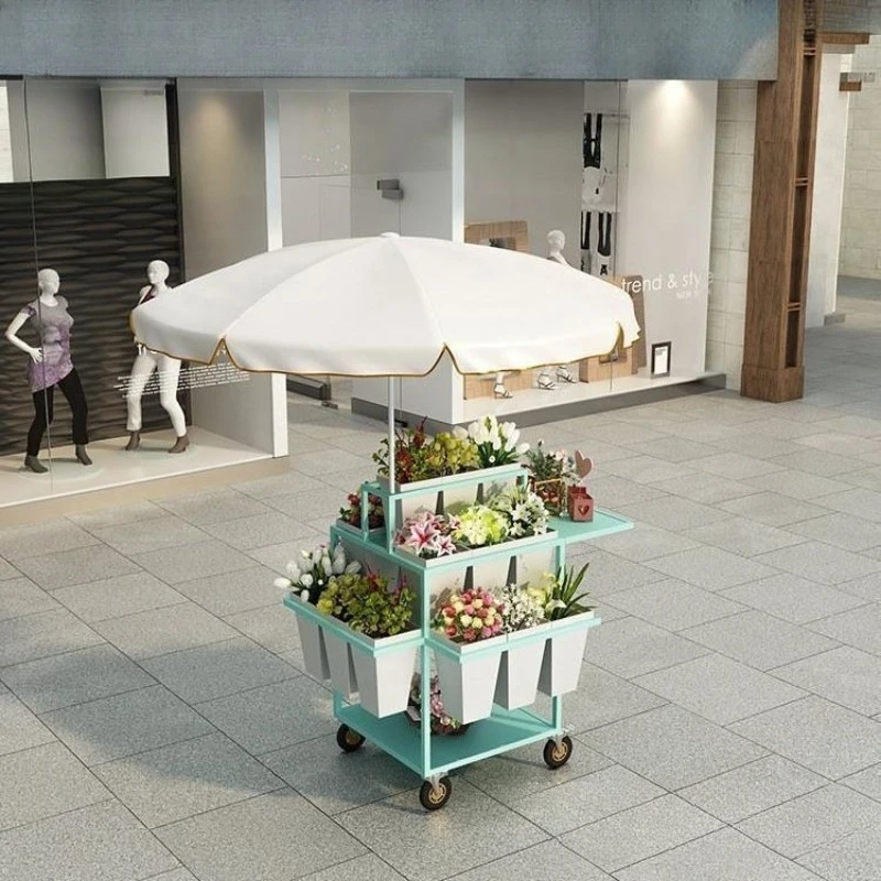 Night Market Stall Selling Flowers Trolley Multi-layer Stairs Movable Flowers Flower Shop Display Stand Float with 18 Buckets