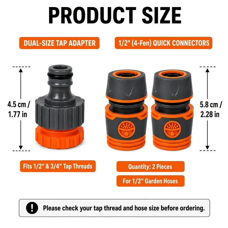 3Garden Hose Quick Connector Set, 1/2 Inches and 3/4 Inch Size Faucet Adapter, Non-slip, Easy-to-Install Faucet-to-Waterpipe Con