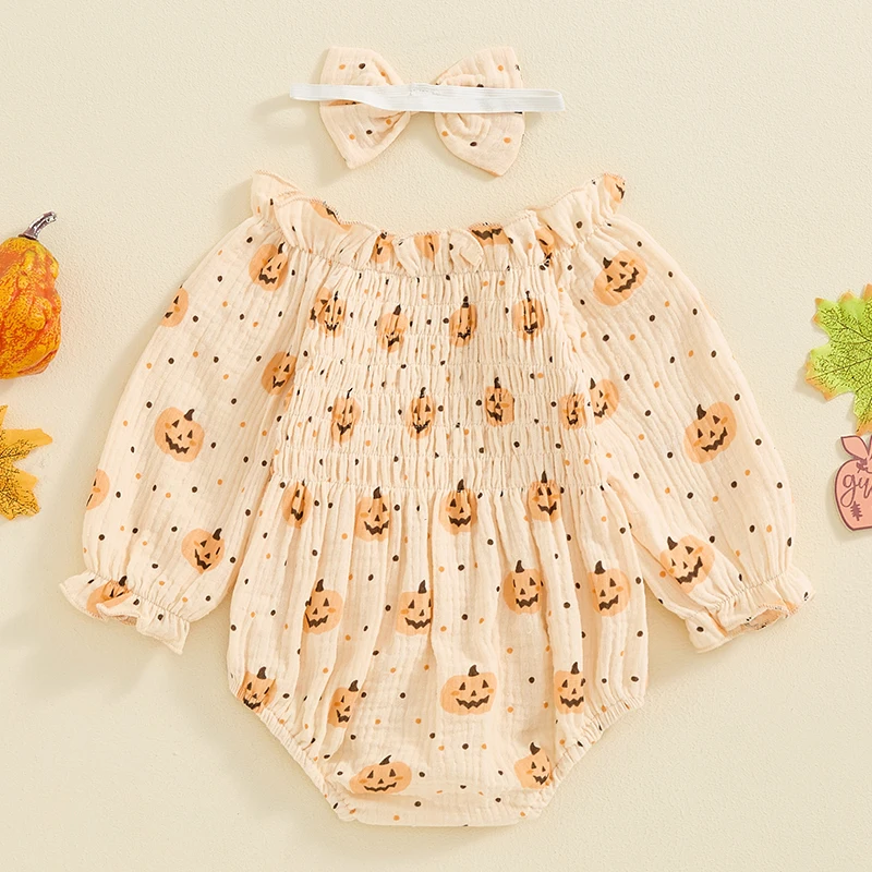 Newborn Baby Girl Halloween Outfits Pumpkin Bubble Romper Cotton Linen Long Sleeve Smocked Bodysuit Jumpsuit