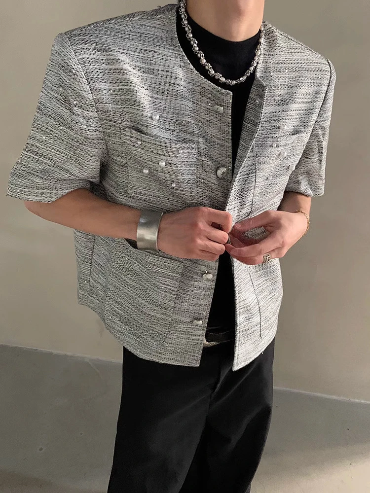 Men's 2025 Summer New Niche High-end Light Luxury Shoulder Pads Small Fragrant Short-sleeve Jackets Trendy Handsome Short Jacket