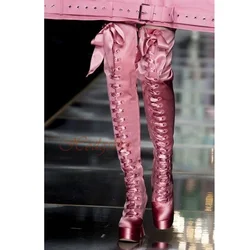 Silk Cross Tied Thigh High Boots Round Toe Platform Chunky High Heels Lace Up Solid Boots Women Sexy Shoes New Style Designer