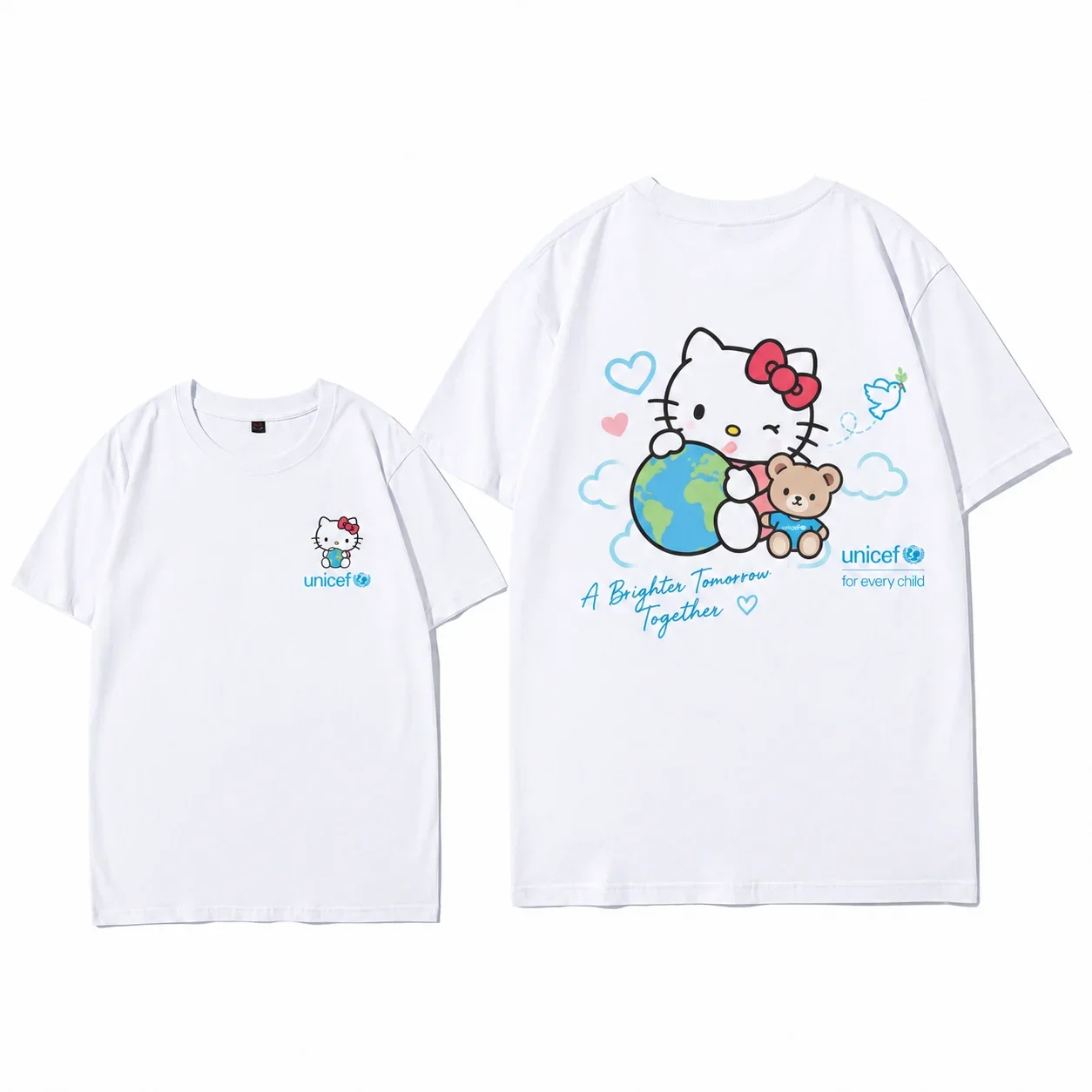 Sanrio Hello Kitty UNICEF Earth Peace Parent Child Cute Art Print T Shirt Men's Women's White Kawaii Streetwear Short Sleeve Top