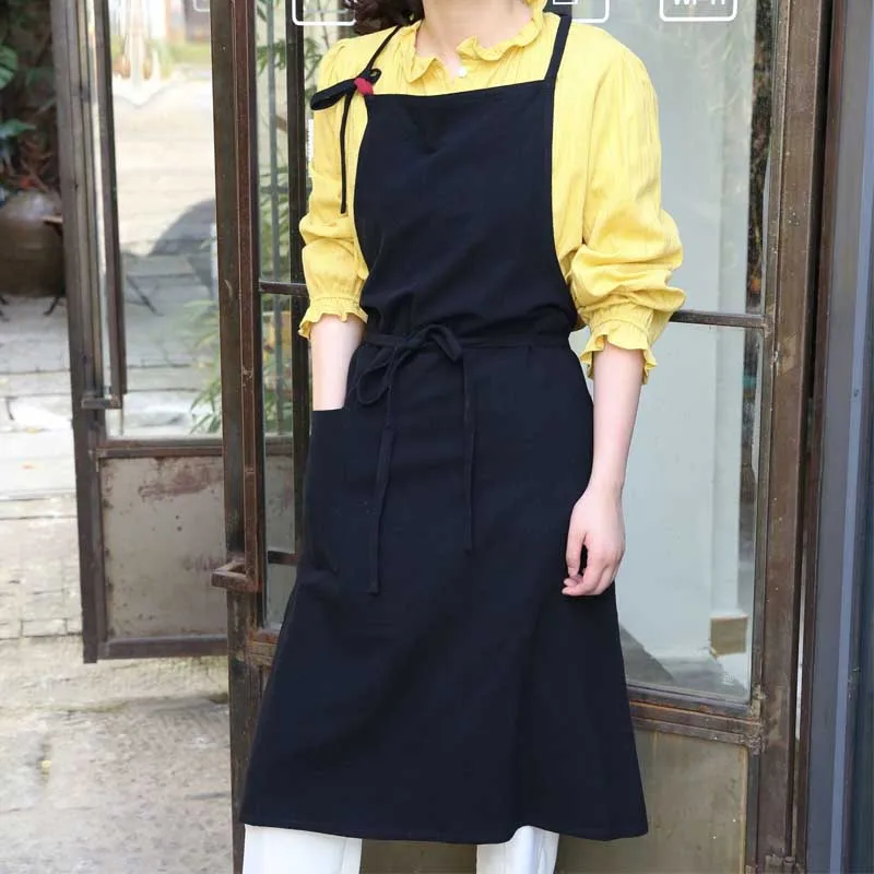 

Long Cotton Linen Black Kitchen Apron for Women Men With Adjustable Straps Sleeveless Dustproof Smock for Gardening Cooking