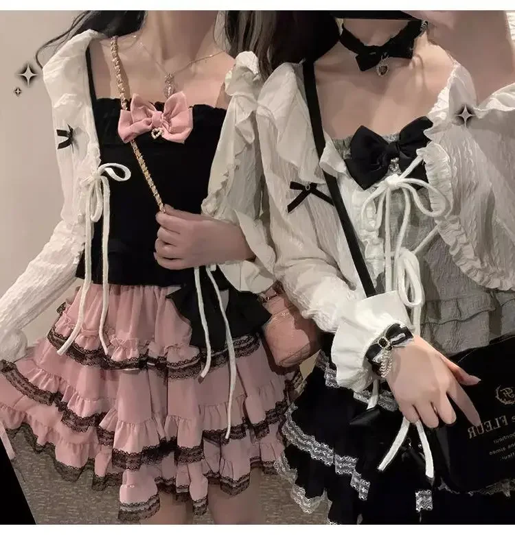 Japanese Kawaii Mini Cake Skirt Womens Black Casual Elegant Lolita Sexy High Waist Lace Y2k Aesthetic Sweet Gothic Faldas