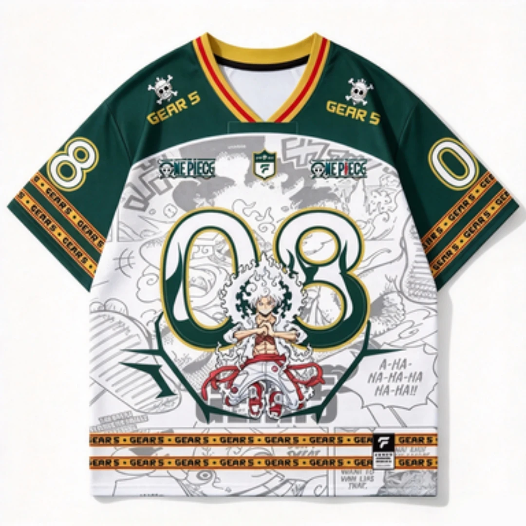 Luffy Gear5 Printed Mesh T-shirt, Breathable Green and White Anime Comic Cosplay Top, Pirate Skull Number 08 Pattern Fan T-shirt