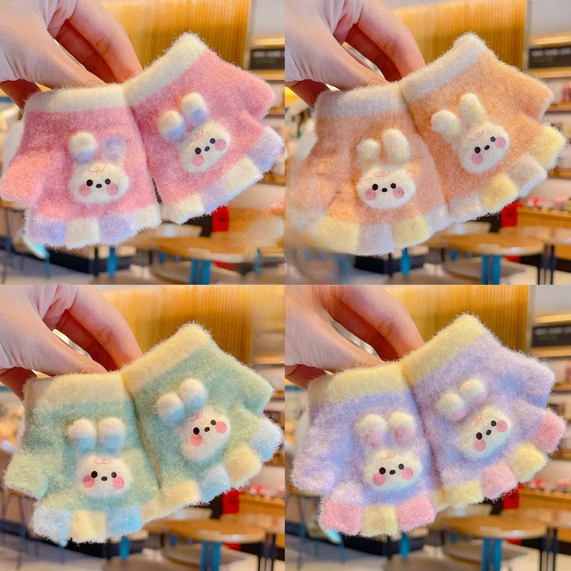 2023 New Children Winter Cute Rabbit Fruit Outdoor Warm Gloves Baby Girls Boys Cartoon Soft Five Half fingers Gloves Kids Gloves