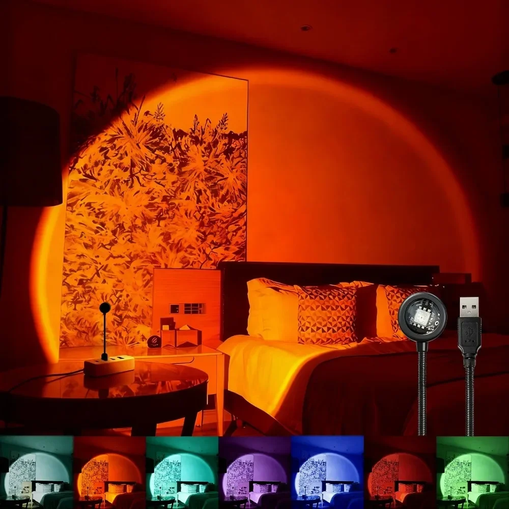 RGB Sunset Lamp Projector LED Night Light USB 7 Colors Sunset Projection Atmosphere Lamp for Home Bedroom Decor
