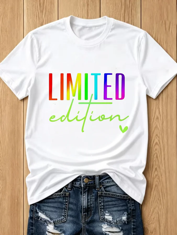 Women's Limited Edition Rainbow Lettering Graphic T Shirt Colorful Text Short Sleeve Round Neck Casual Four Season Basic Trendy Printed Tee Tops