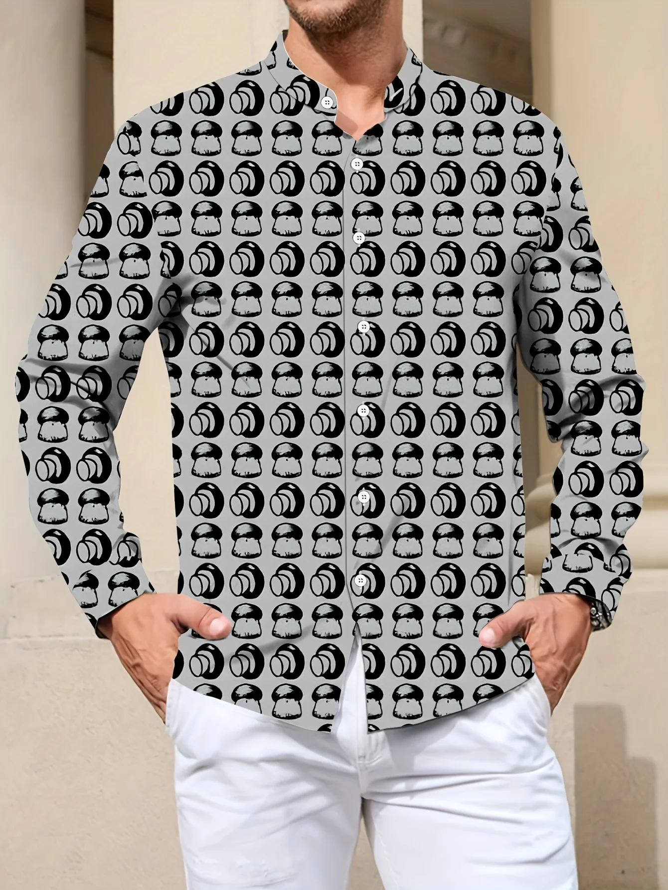 

Men'S Stand Collar Long Sleeve Print Shirt in Gray and Yellow Geometric Line Pattern。