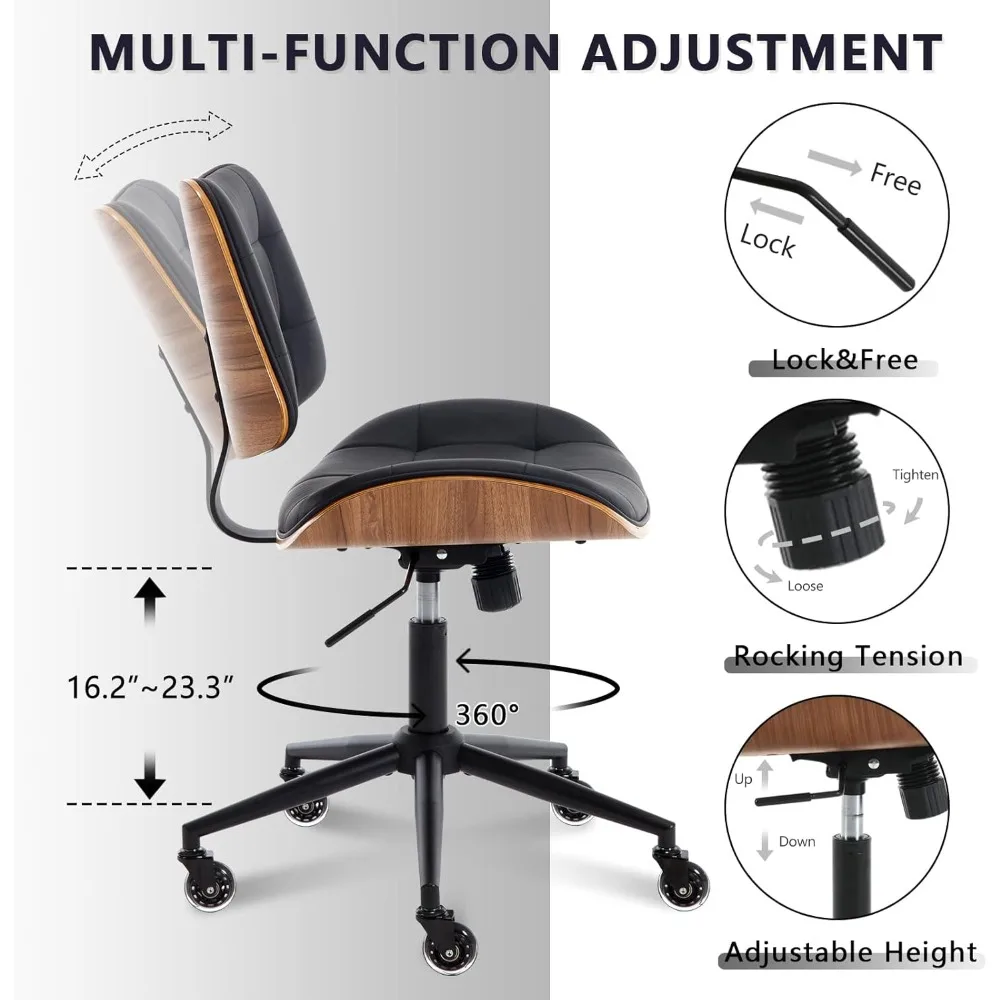 home office desk chair with wheels, adjustable height armless office chair, pu leather mid back 360° small computer chair, moder