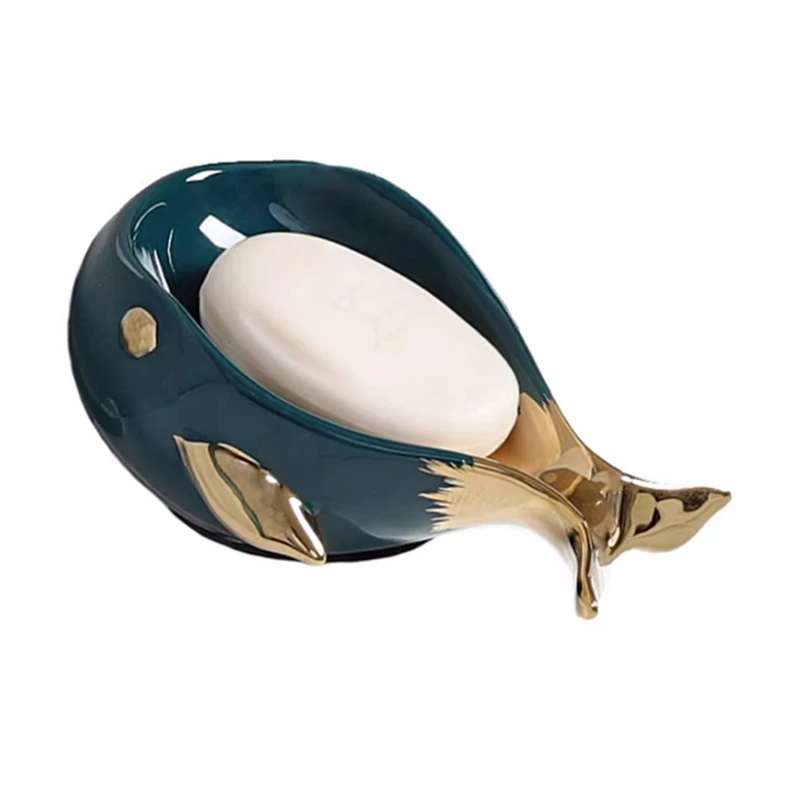 Jabonera de cerámica con forma de ballena, jabonera de autodrenaje para baño y ducha, fácil de limpiar