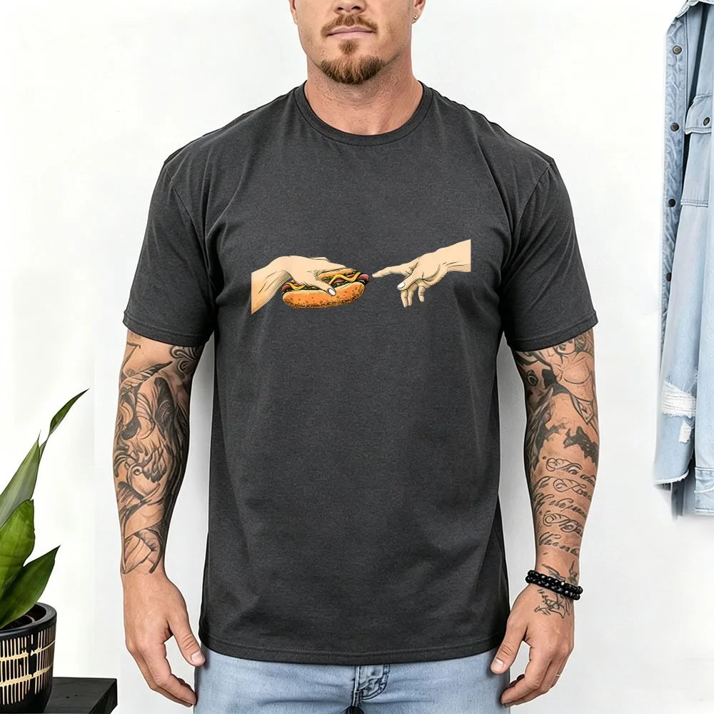 The Creation of Adam Hand Hot Dog Art Print Summer Short Sleeve Funny Food Meme Casual Streetwear Daily Tops Unisex Cotton Tees