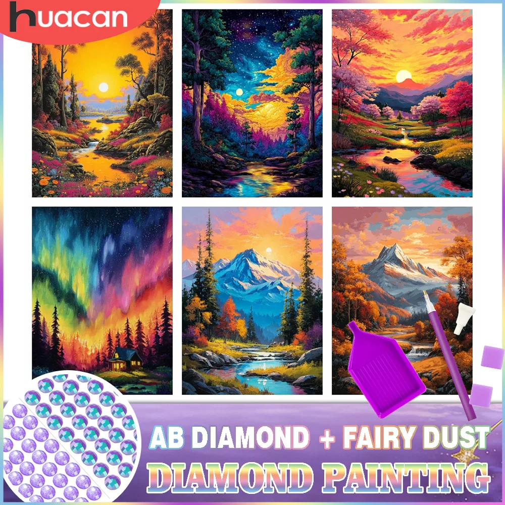 HUACAN AB Pintura de Diamantes 5D DIY con Diseño de Montaña de Polvo de Hadas, Paisaje al Atardecer 2026 y Bosque Aurora, Mosaico de Diamantes para Decoración Artística del Hogar
