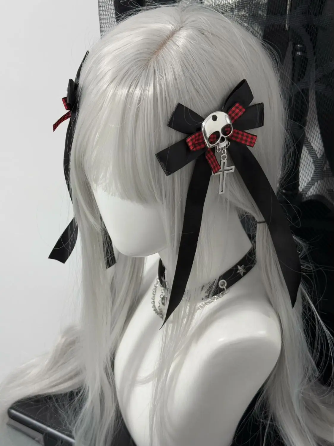 Pinza para el pelo con lazo de cuero, calavera y cruz, estilo Y2K, Harajuku, gótico, subcultura primitiva, punk, accesorios decorativos para coleta o trenza
