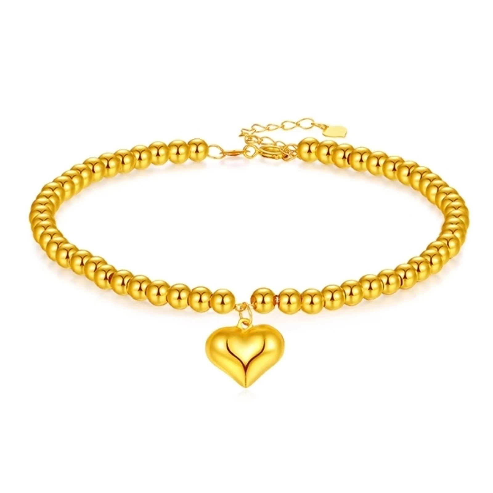 Real Pure 18K Yellow Gold Chain Women Lucky Heart Round Glossy Beads Link Bracelet 16+3cm