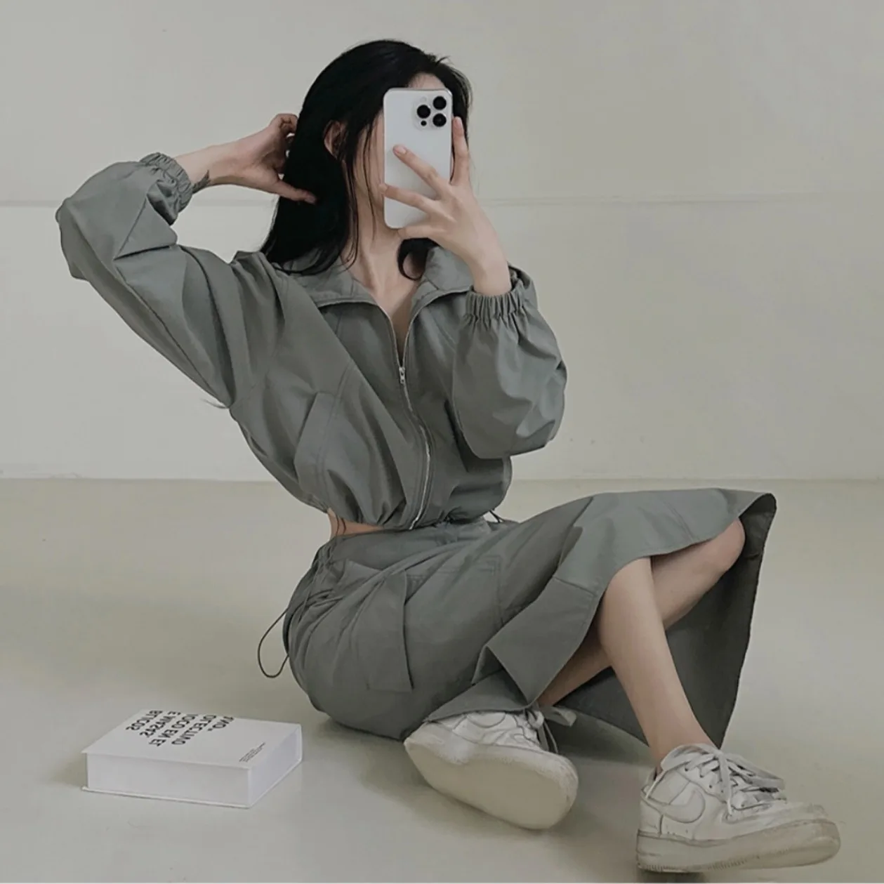 

High Waist Zipper ort Sun Protection Jaet Stand Collar Dstring Skirt Set Women's Faion Ensemble Autumn 2024