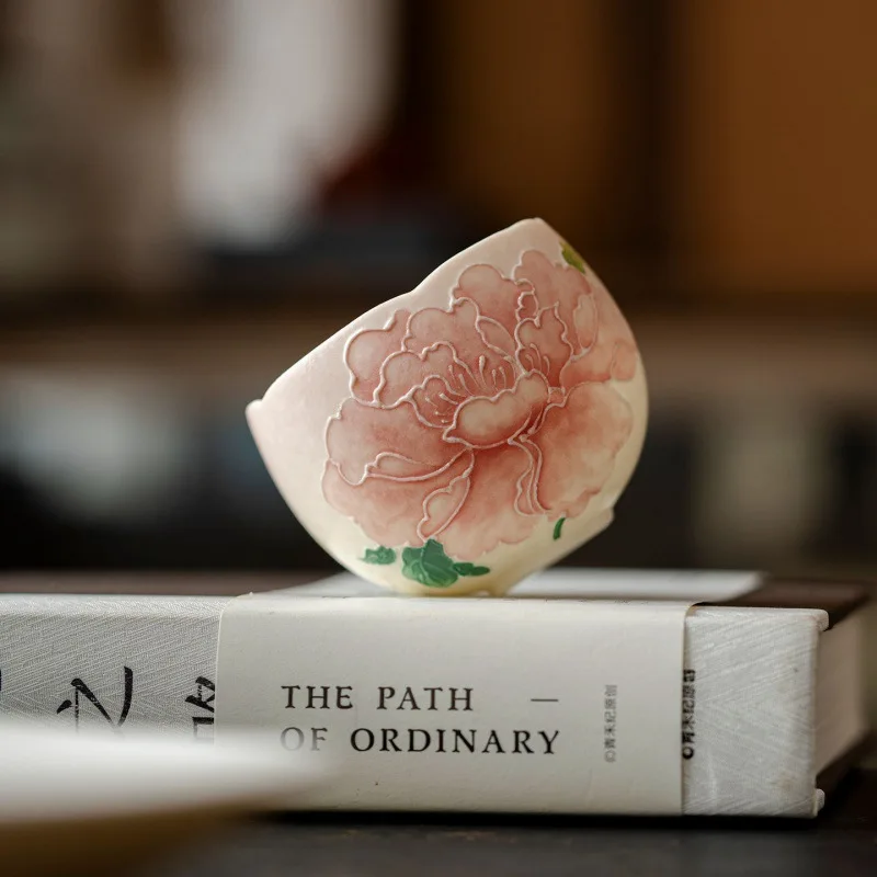 Pink Embossed Hand Painted Peony Eggshell Ceramic Cup Underglaze Color Kung Fu Tea Master Single Tasting Cup For Personal Use