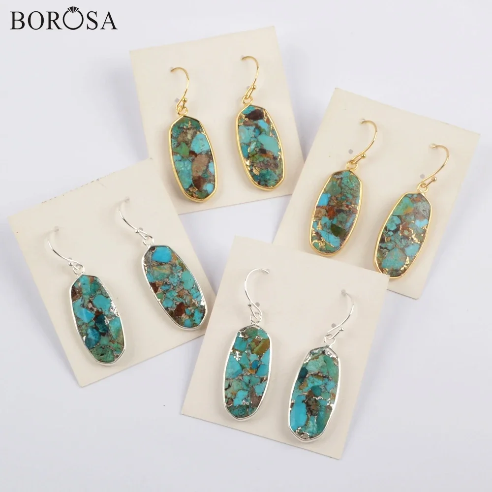 

BOROSA 5Pairs Golden/Silver Plated Bezel Copper Turquoises Stud Earrings Blue Natural Stone & Metal-Line Drop Earring Jewelry