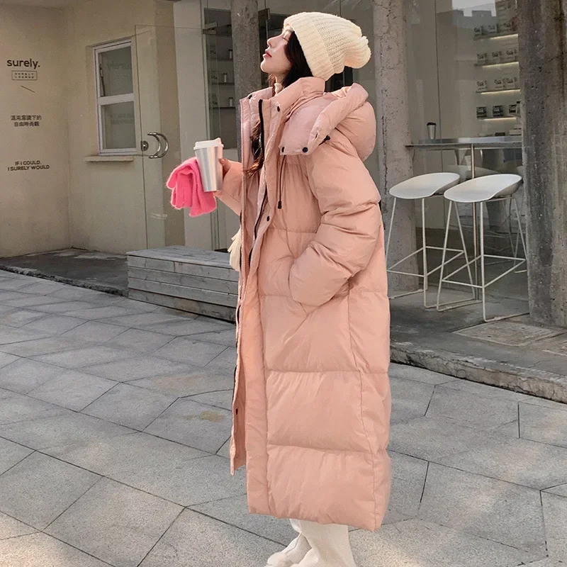 Women Casual Sweet Long Sleeve Single Breasted Super Long Parkas 2024 Winter Oversized Outerwear Jacket Warm Thick Solid Coat