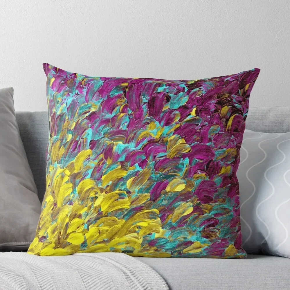 FOLLOW THE CURRENT 2, Bold Colorful Abstract Acrylic Painting Ocean Waves Purple Turquoise Yellow Splash Ombre Fine Throw Pillow