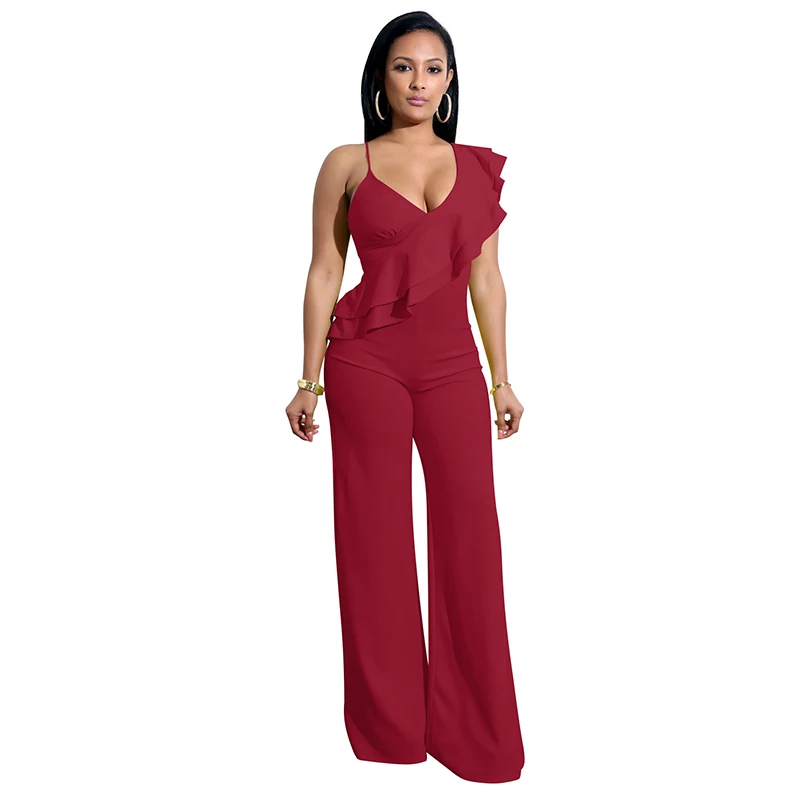 

2024 Women's Solid Color Casual Side-Shoulder Flounce Ruffled Romper Sleeveless Wide Leg Long Pant Bodycon Jumpsuit