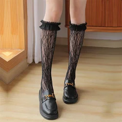 Sexy Women Stocking Lolita Uniform Thin Long Socks Lace Mesh Fishnet Silk Stockings Love heart black Knee Sock Summer Underwear
