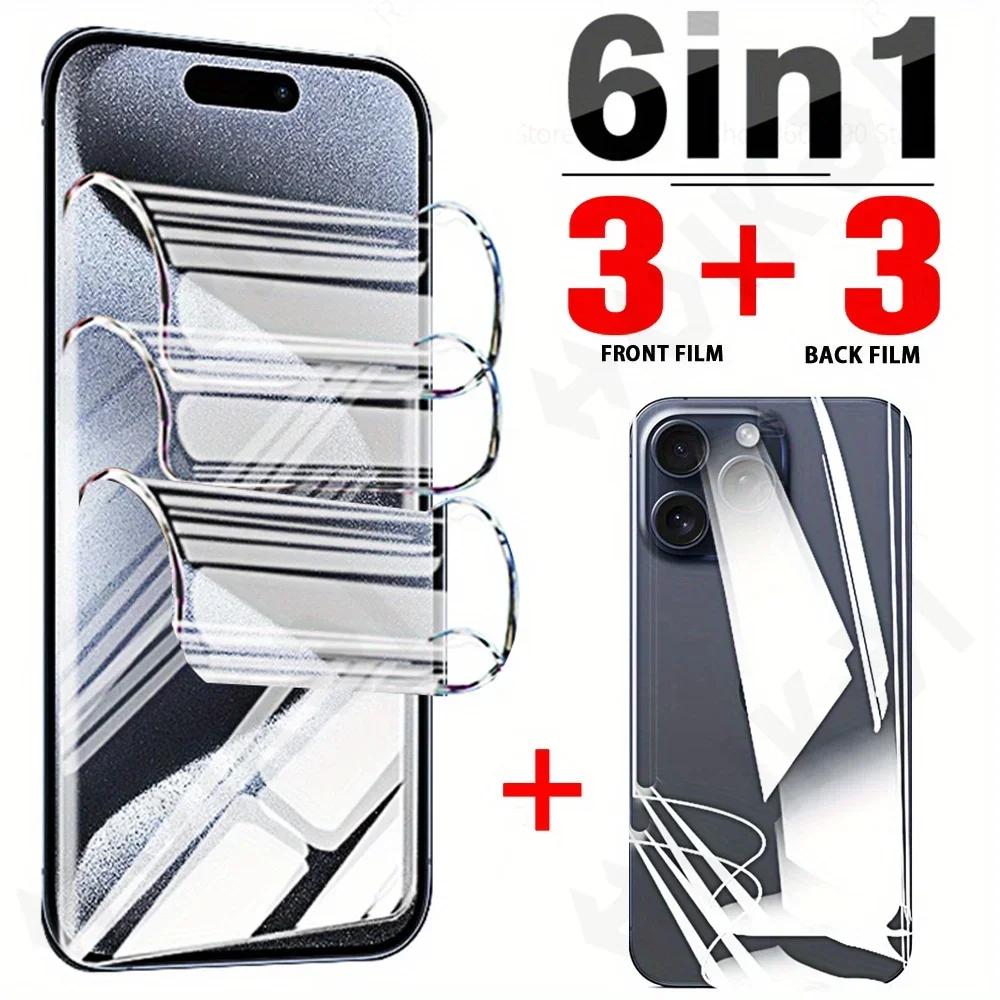 

6 in 1 For iPhone 15 14 13 12 11 Pro Max XS XR 8 7 Plus Screen Protectors Front and Back Inner Soft Hydrogel Film Anti-Scratch