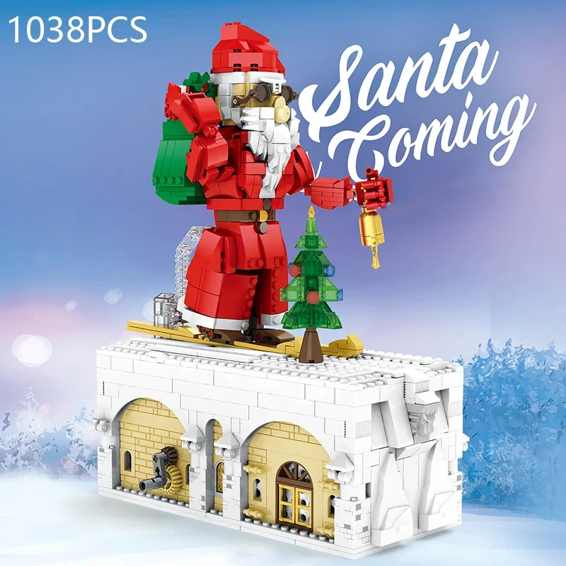 

1038PCS Santa Claus Building Blocks Mechanical Box Manual Drive Bricks Creative Desktop Decorations Children's Christmas Gifts