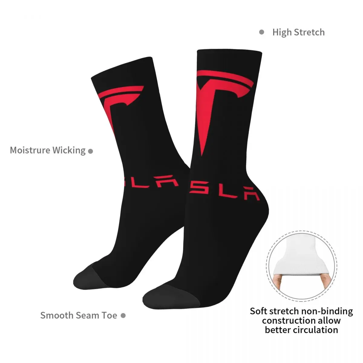 Tesla Red Logo Theme Design Men Women Socks Windproof Novelty Spring Summer Autumn Winter Stockings Gift