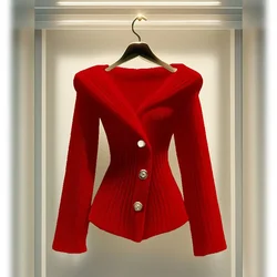 2026 Women's Striped Knit Cardigan Casual Button-Up Red Collar Blouse Fashion Top for Autumn Winter