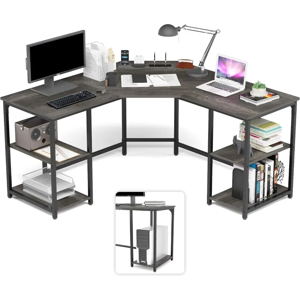 

Elephance Large L-Shaped Computer Desk with Shelves, Corner Desk, Home Office Writing Workstation, Gaming Desk PC Latop Table