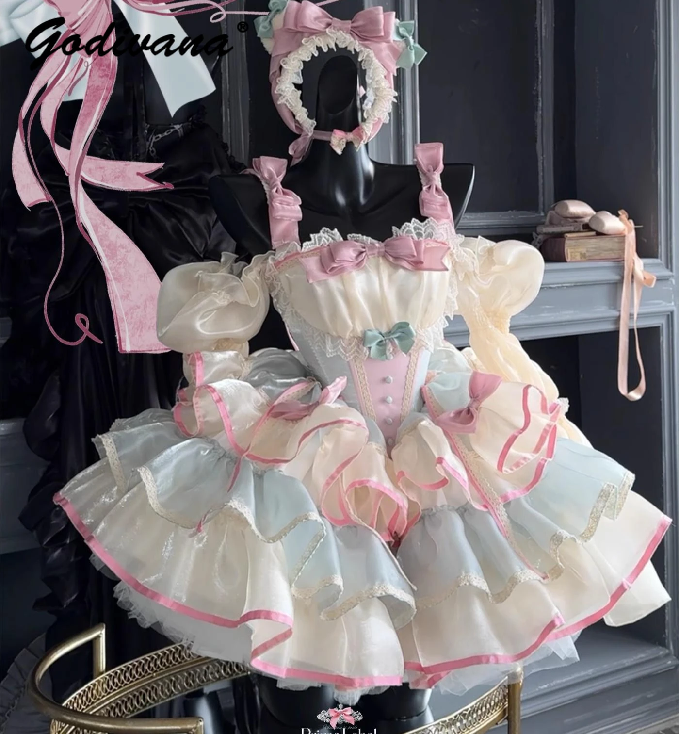 New Sweet Lolita Shoulder Bow Straps Off-the-shoulder Women Girls Fairy Princess Dress Multi-layer Tutu Short Mini Dresses