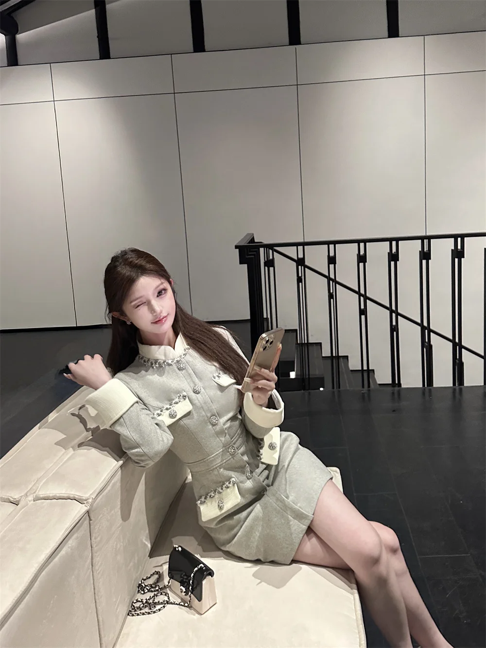 

Korean Fashion High End Mini Dress Women Long Sleeve Single Breasted Stand Collar Party Dress Elegant Chic High Street Clothing
