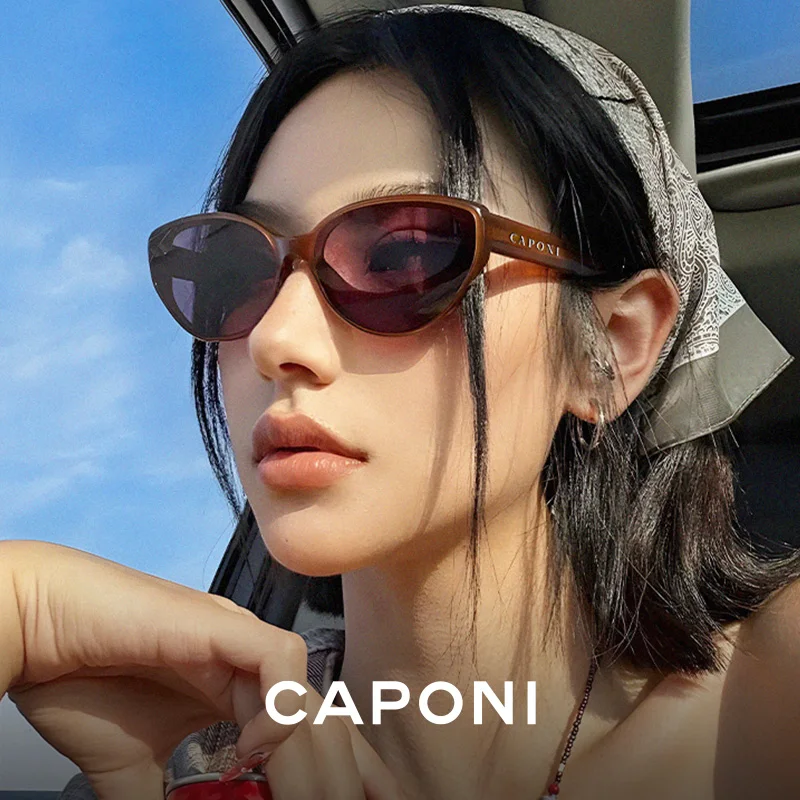 CAPONI Polarized Women Sunglasses Outdoor Fashion Vintage Design Sun Glasses Cat Eye Eyewear Brand Acetate Brown  UV400 BH24006