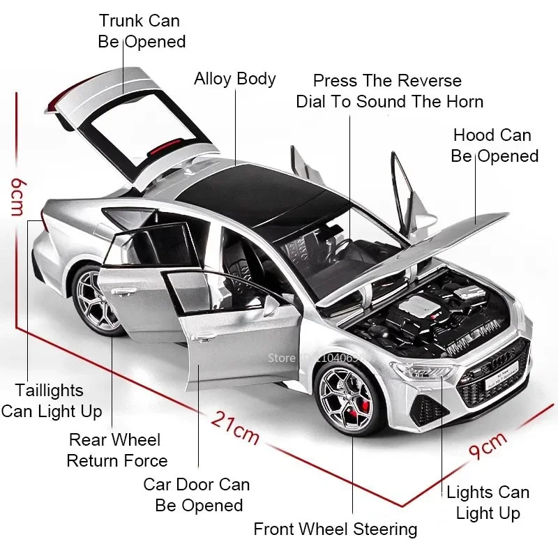 Modèle de voiture jouet RS7 Sportback A8, échelle 1:24, en alliage moulé sous pression, son et lumière, portes ouvertes, véhicule d'ornement, jouets pour enfants, cadeaux