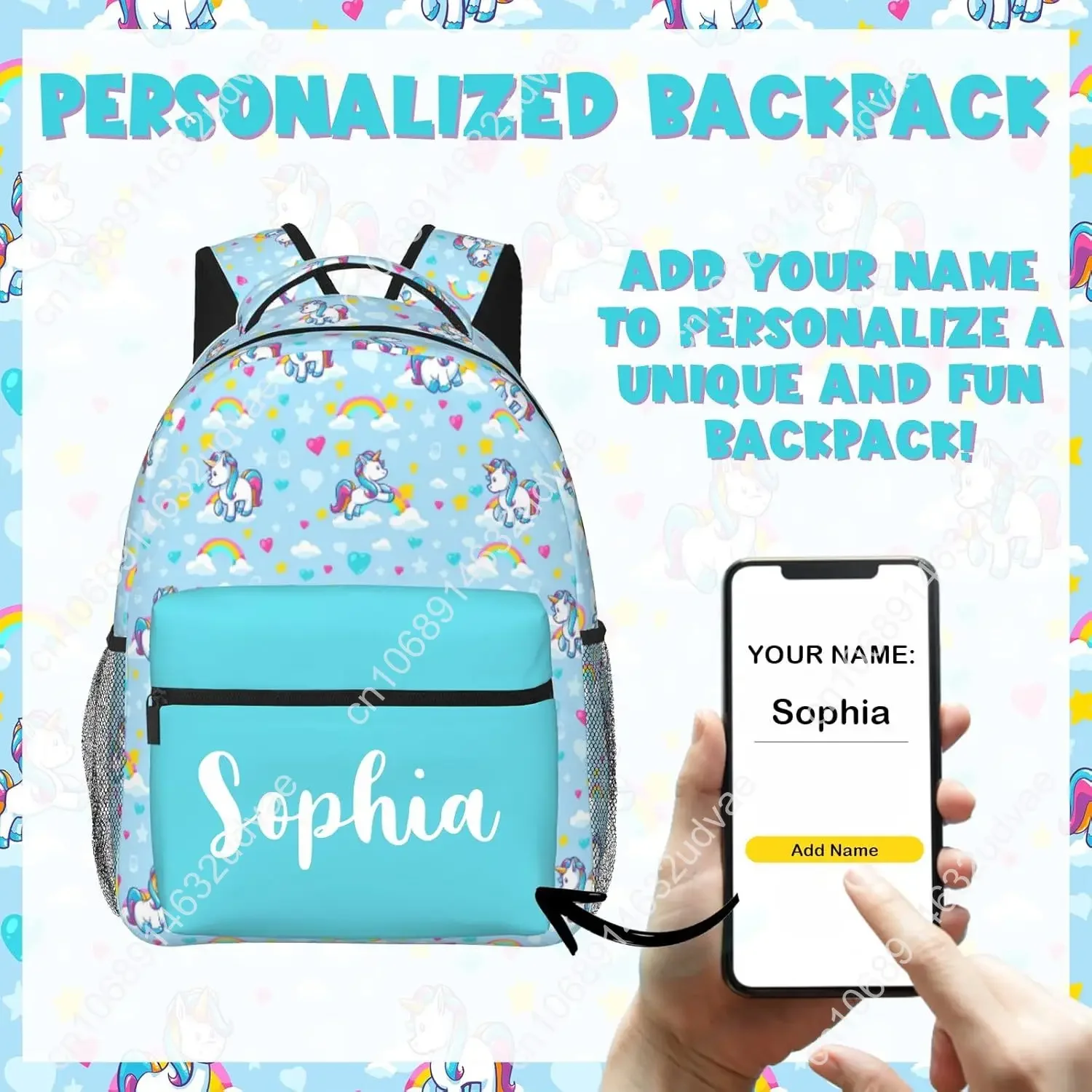 Personalized Backpack for Girls Boys, Custom Backpacks with Name for Kids, Customized Unicorn School Bookbag for Back to School