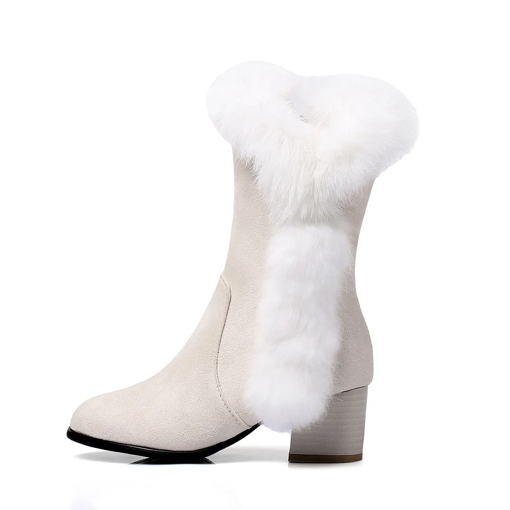 Hot Sales New Cold Black Beige Women Snow Boots Rabbit Fur Lady Winter Nude Ridding Shoes Med Heel Plus Big Size 10 32 45