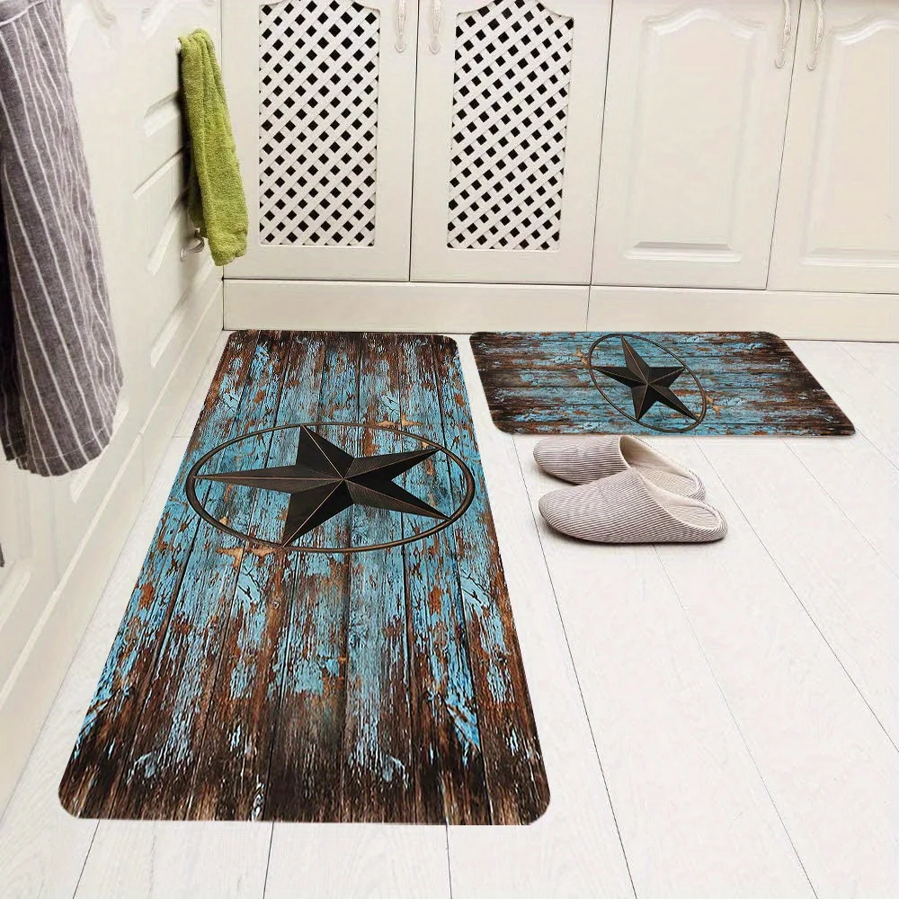 Make Old Wood Grain Long Carpet Blue Pentagram Porch Corridor Long Anti Slip Carpet Farmhouse Bedroom Living Room Entrance Rug